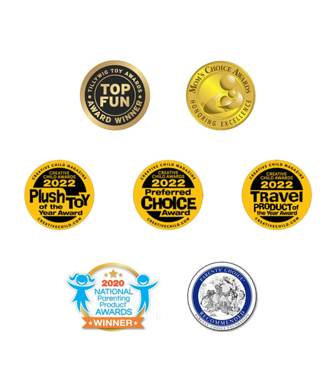 Award-winning kids product and toy badges including 2022 Creative Child Magazine awards for Plush Toy of the Year, Preferred Choice, and Travel Product of the Year; Tillywig Toy Awards Top Fun Winner; 2020 National Parenting Product Awards Winner; Parents' Choice Recommended Seal; and Mom’s Choice Awards Honoring Excellence—recognized for quality, fun, and family-friendly design.