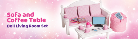 Wooden Doll Furniture - Sofa and Table with Accessories