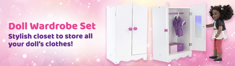 Wooden Doll Furniture - Wardrobe with Accessories