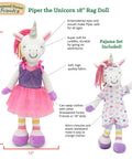Piper the Unicorn 18 Inch Stuffed Large Rag Doll - Playtime by Eimmie
